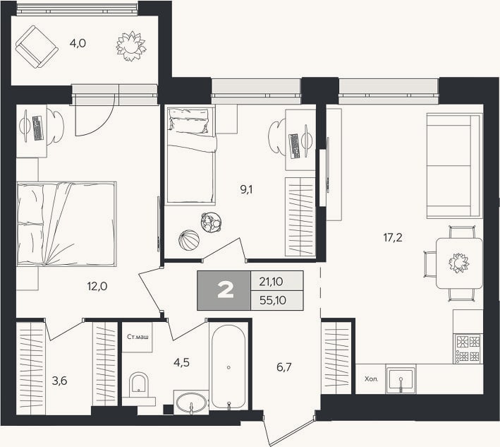 Планировка: 2-к, 53,1 м²