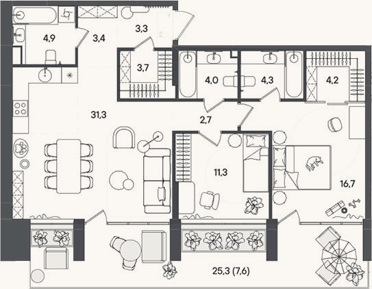 Планировка: 3-к, 89,8 м²