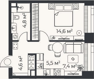 Планировка: 2-к, 36,8 м²