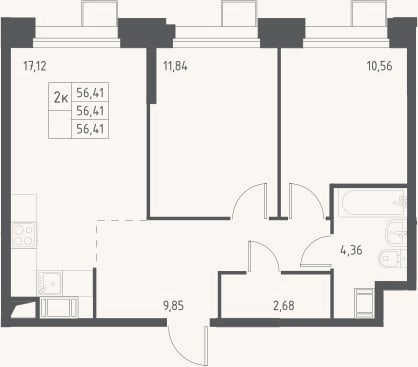 Планировка: 3-к, 56,4 м²