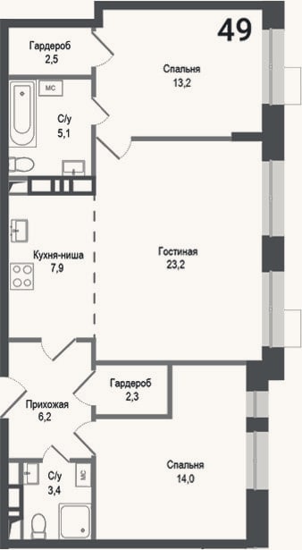 Планировка: 3-к, 77,8 м²