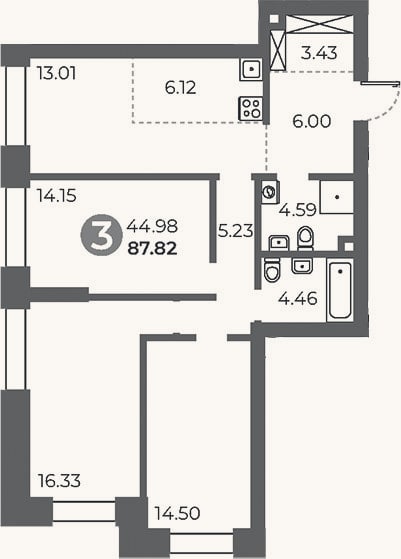 Планировка: 3-к, 87,8 м²