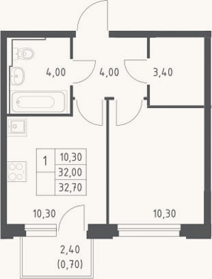 Планировка: 1-к, 32 м²