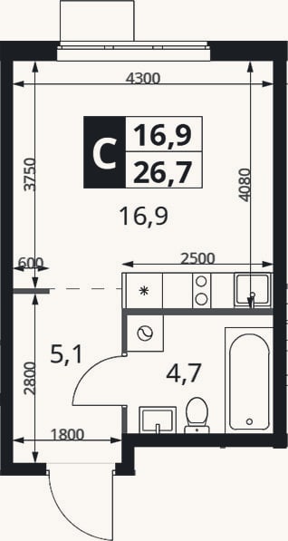 Планировка: Студия, 26,7 м²