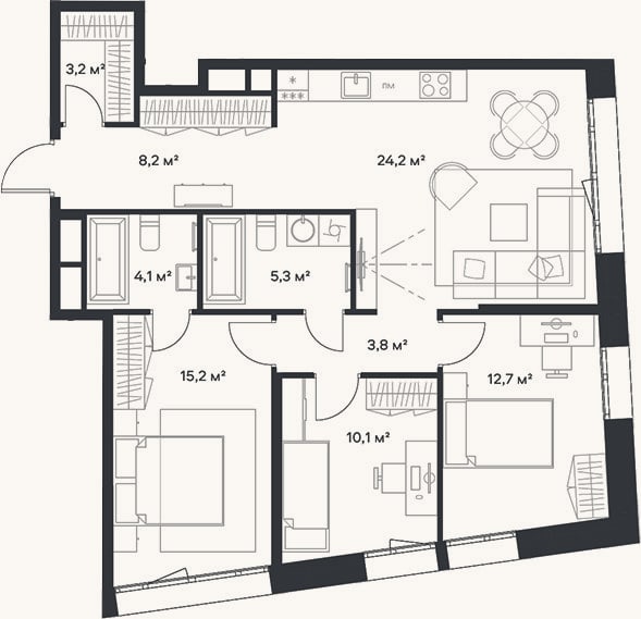 Планировка: 4+ к, 86,8 м²