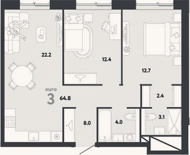 Планировка: 3-к, 64,8 м²