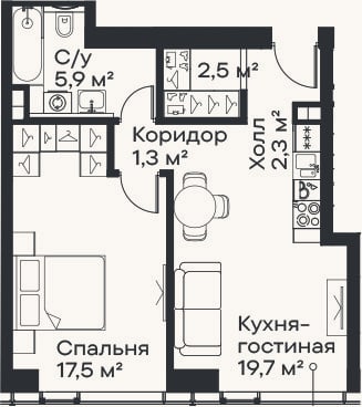 Планировка: 2-к, 49,2 м²