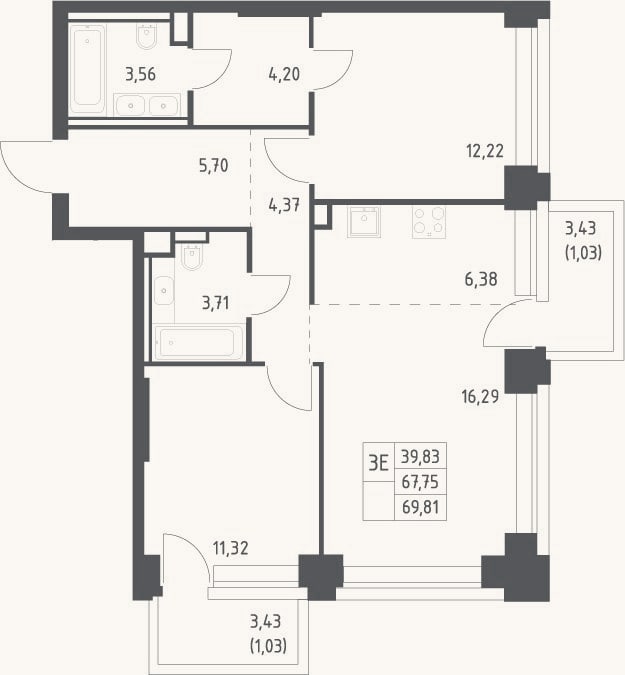 Планировка: 3-к, 67,8 м²