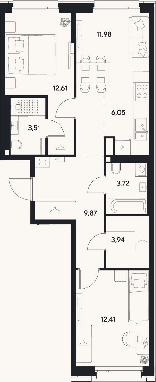 Планировка: 3-к, 64,1 м²