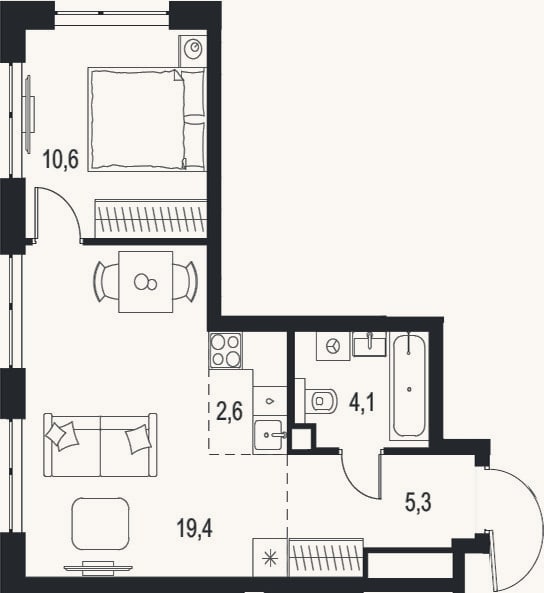 Планировка: 2-к, 42 м²