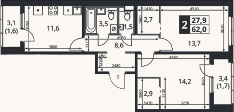 Планировка: 2-к, 59,6 м²