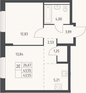 Планировка: 2-к, 43,6 м²