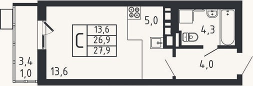 Планировка: Студия, 26,9 м²