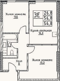 Планировка: 3-к, 56,8 м²