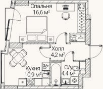 Планировка: 1-к, 36,1 м²