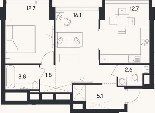 Планировка: 2-к, 54,8 м²