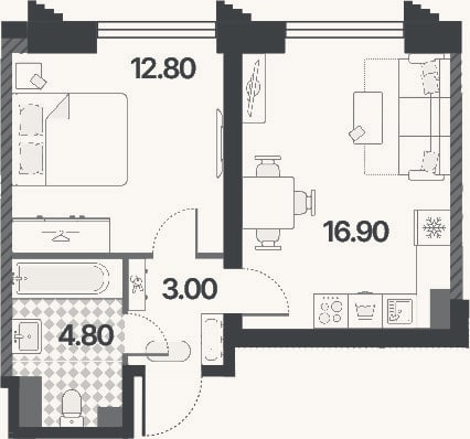 Планировка: 2-к, 37,5 м²