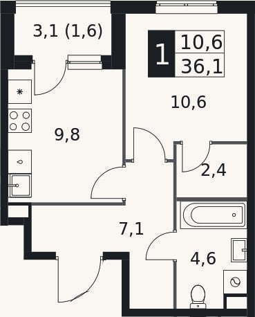Планировка: 1-к, 34,5 м²