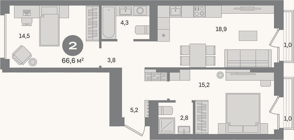 Планировка: 2-к, 64,6 м²