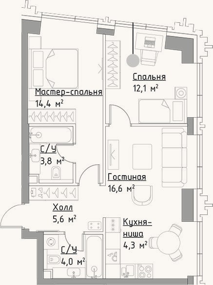 Планировка: 3-к, 60,8 м²