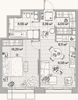 Планировка: 2-к, 47,4 м²