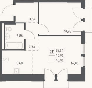 Планировка: 2-к, 40,9 м²