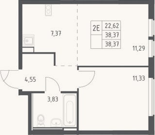 Планировка: 2-к, 38,4 м²