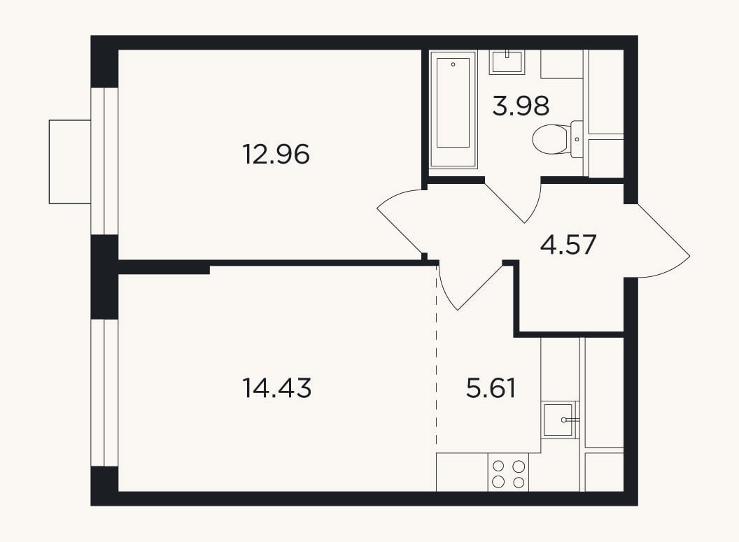 Планировка: 2-к, 41,6 м²