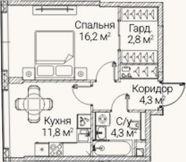 Планировка: 1-к, 39,4 м²
