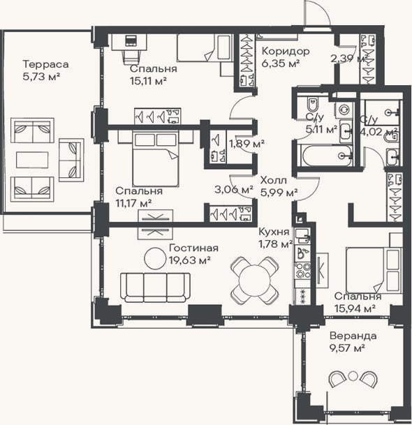 Планировка: 4+ к, 92,4 м²