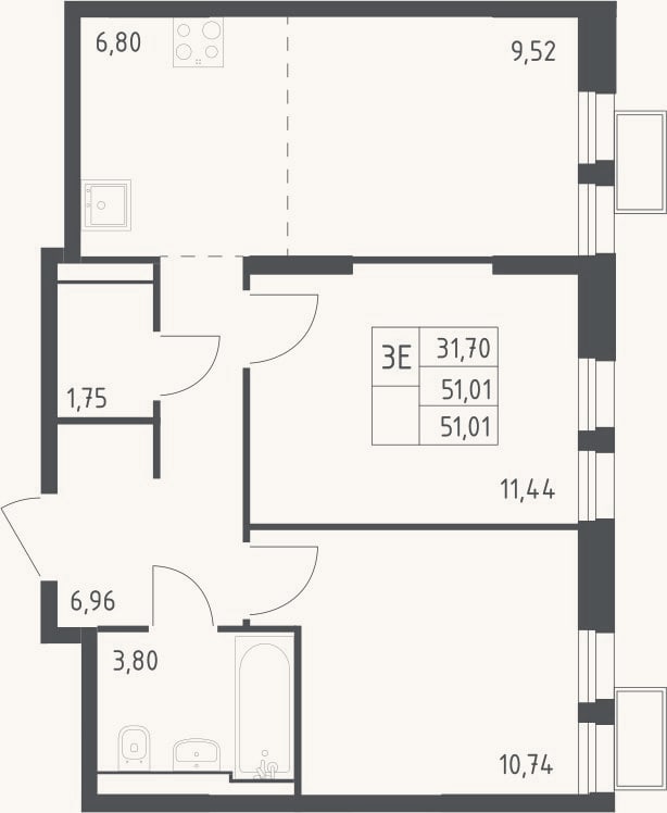 Планировка: 3-к, 51 м²