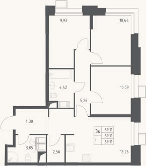 Планировка: 4+ к, 69,1 м²