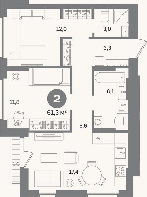 Планировка: 2-к, 60,3 м²