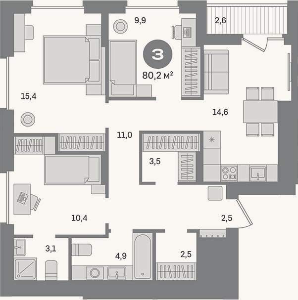 Планировка: 3-к, 77,6 м²