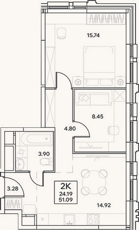 Планировка: 3-к, 51,1 м²