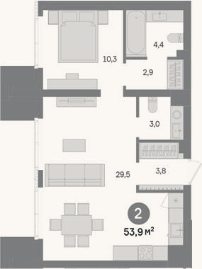 Планировка: 1-к, 53,9 м²