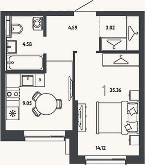 Планировка: 1-к, 35,4 м²