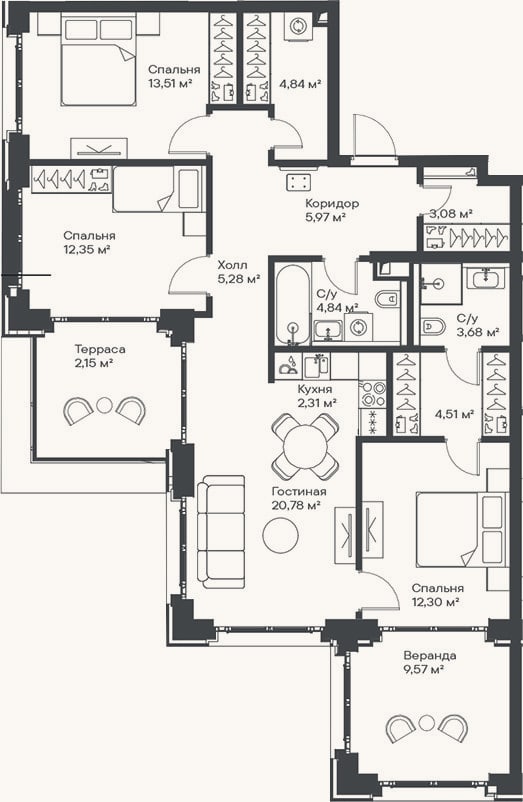 Планировка: 4+ к, 93,5 м²