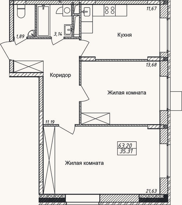 Планировка: 2-к, 63,2 м²
