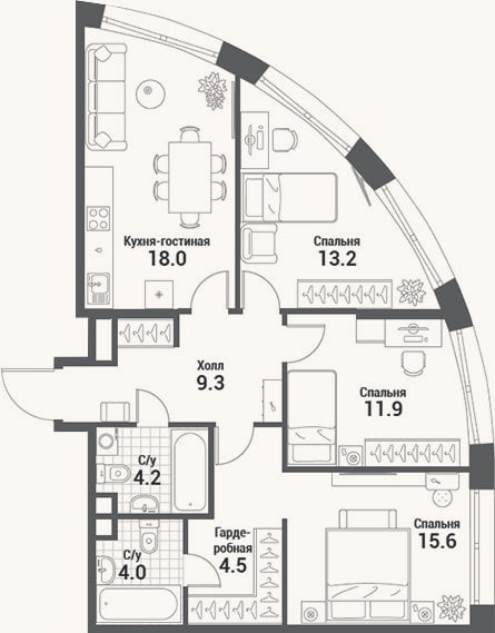 Планировка: 4+ к, 80,7 м²