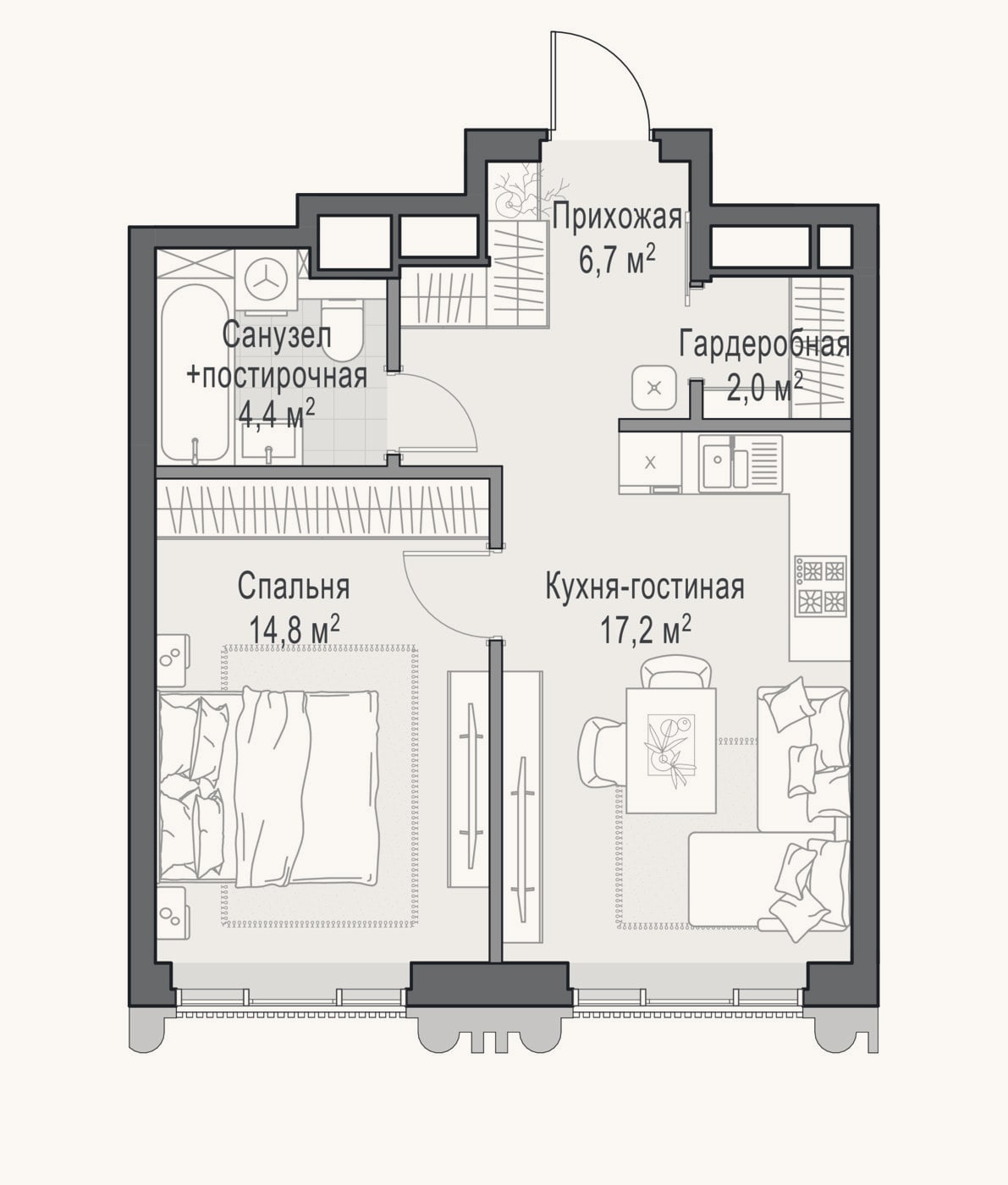 Планировка: 2-к, 44,9 м²