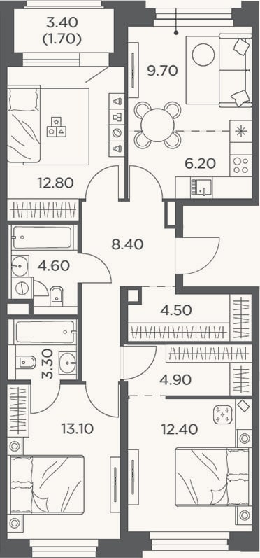 Планировка: 4+ к, 80 м²