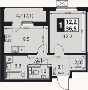 Планировка: 1-к, 34,4 м²