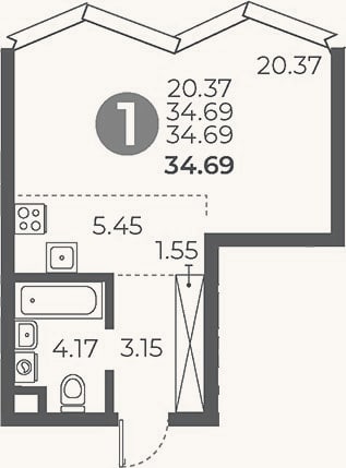 Планировка: Студия, 34,7 м²