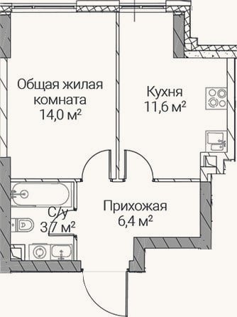Планировка: 1-к, 35,7 м²