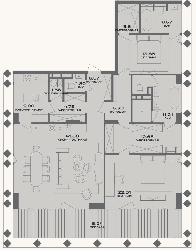 Планировка: 3-к, 140,8 м²