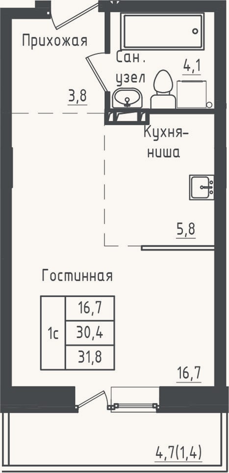 Планировка: Студия, 30,4 м²