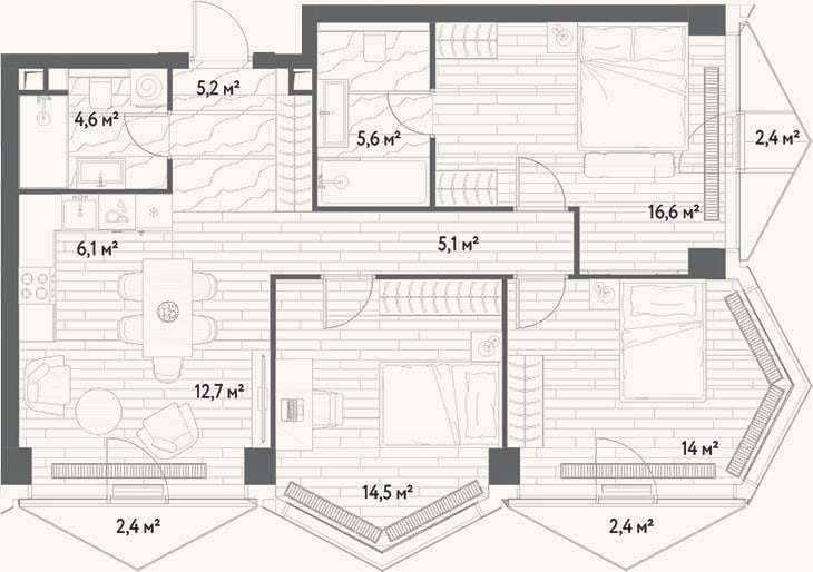 Планировка: 4+ к, 84,4 м²