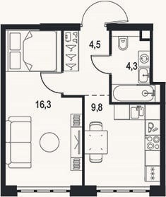Планировка: 1-к, 34,9 м²