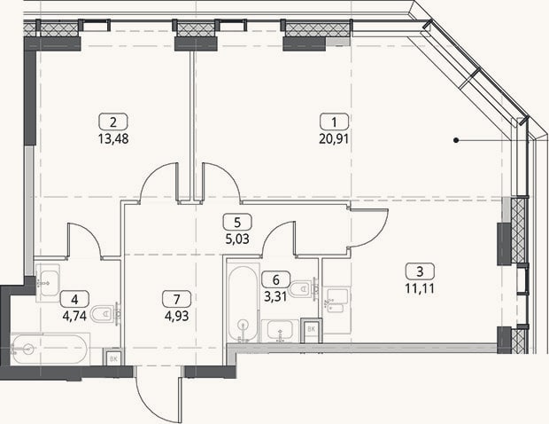 Планировка: 2-к, 63,5 м²